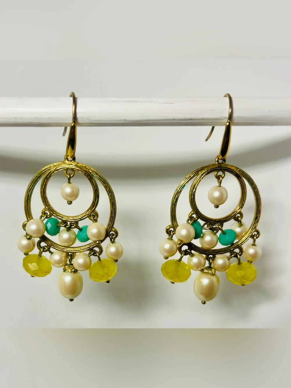 Vintage Double Gold Hoop Chandelier Earrings with Faux Pearls and Green Beads